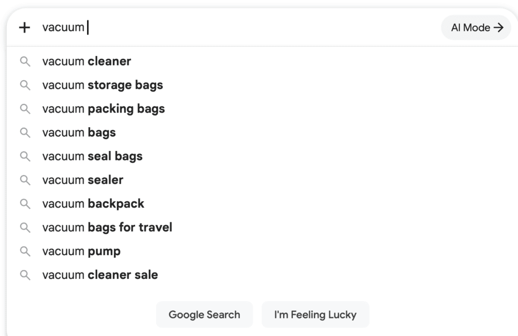 Google Travel-Related Search Suggestions Using The Word 'Vacuum'